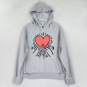 Keith Haring Sweater Mens Extra Large Gray Hoodie Holding Heart Streetwear Art